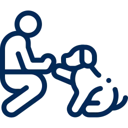 An outlined illustration of a person training a service dog